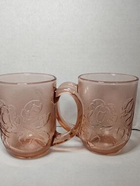 Pink Embossed Rose Glass Tea Mug Set Of 2  Arcoroc France